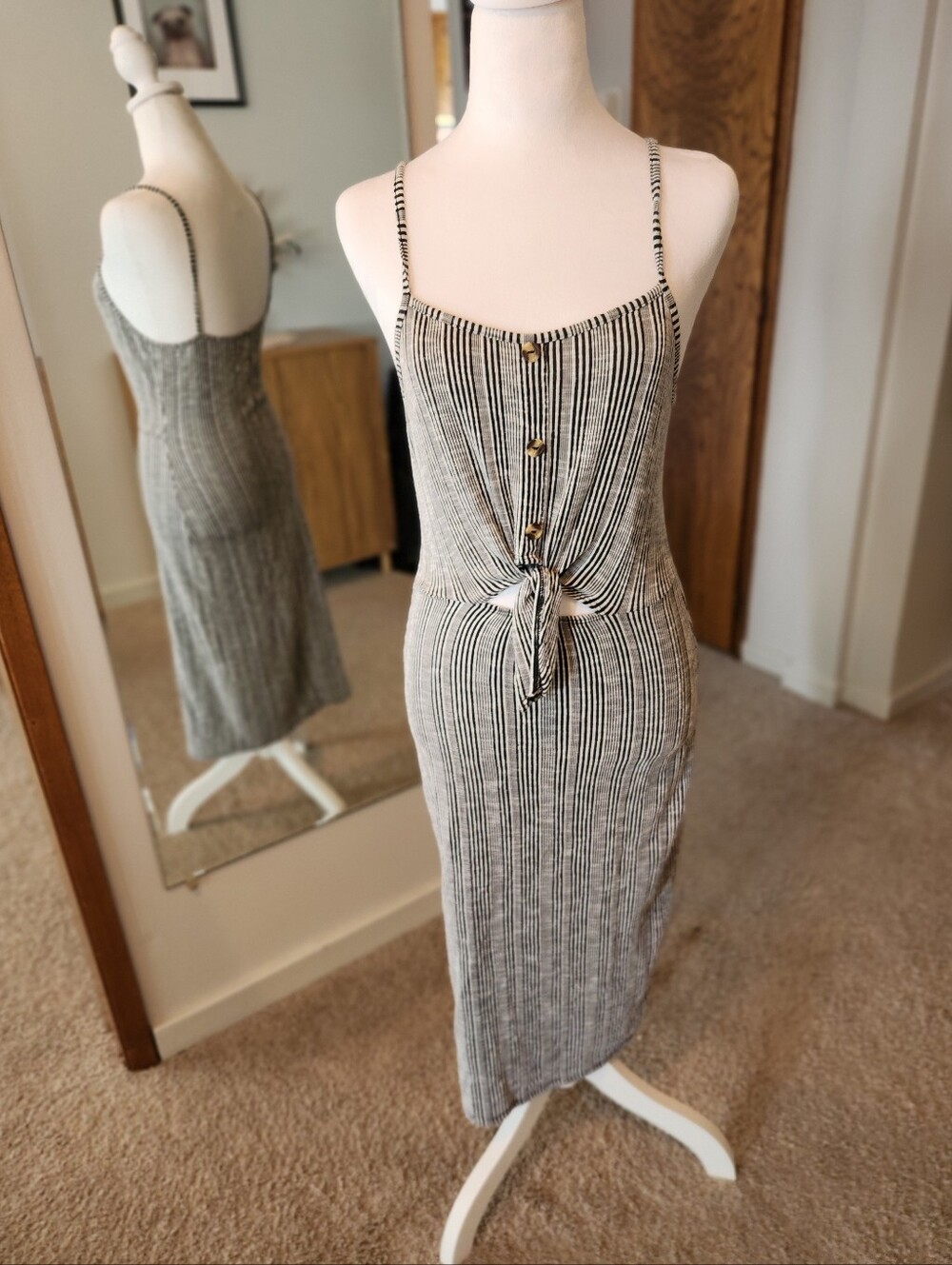(2 For $30) Caution To The Wind Black & White Striped Tie-Front Dress
